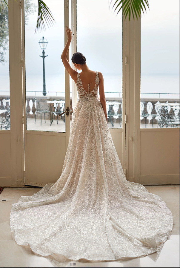 Kalvina 3340 A-Line Wedding Dress – Embroidered V-Neck Corset & Textured Gloss Skirt with Train (Copy)